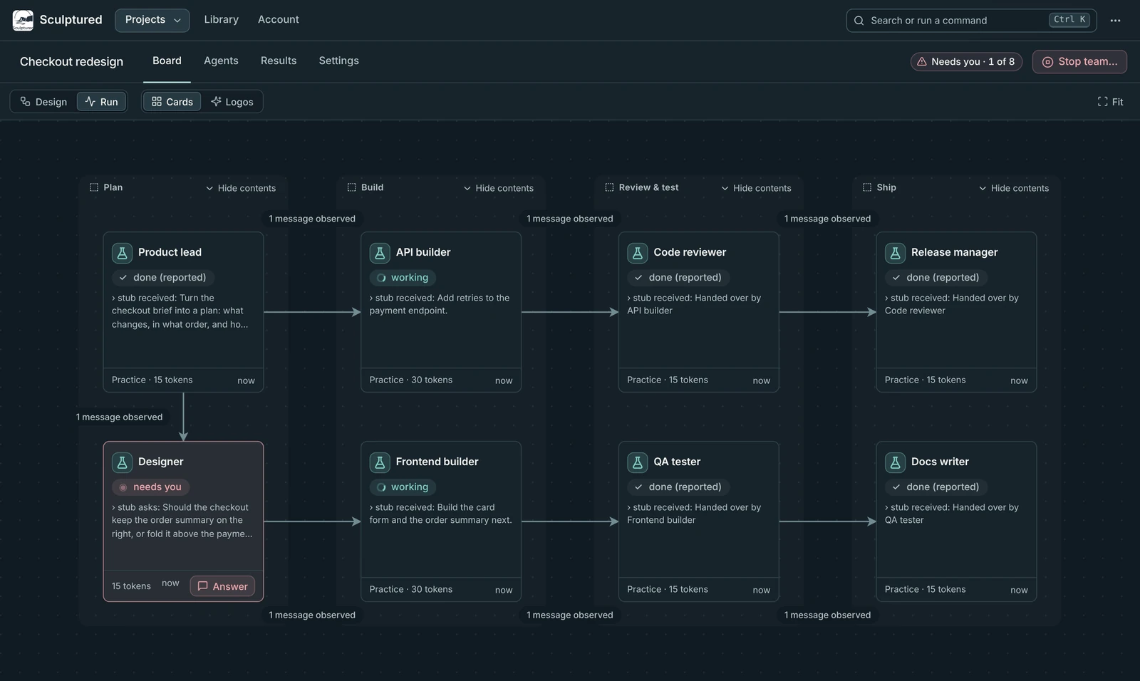 Sculptured run board with eight agents in plan, build, review and ship groups, showing done, working and needs-you statuses.
